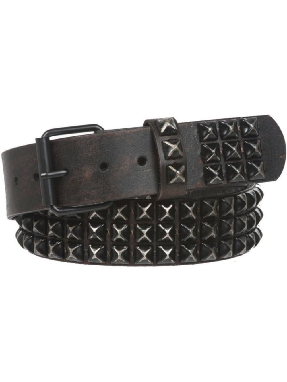 Distressed Black Studded Leather Belt - 1.75" Punk Rock Style, Three Row Design